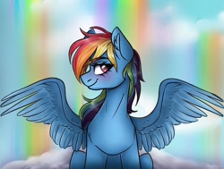 Size: 1280x970 | Tagged: safe, artist:d0shkakart0shka, derpibooru import, rainbow dash, pegasus, pony, cloud, female, looking at you, mare, on a cloud, profile, rainbow waterfall, sitting, sitting on cloud, solo, spread wings, wings