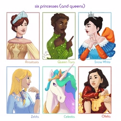 Size: 1902x1902 | Tagged: safe, artist:sarahhedgesart, derpibooru import, princess celestia, alicorn, human, pony, anastasia, bust, clothes, crossover, dark skin, epic (movie), female, hoers, mare, ofelia, pan's labyrinth, princess zelda, sitting, six fanarts, snow white, the legend of zelda