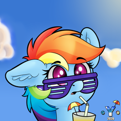 Size: 2000x2000 | Tagged: safe, artist:yelowcrom, derpibooru import, rainbow dash, pegasus, pony, bust, cloud, drink, ear down, ear fluff, female, glasses, mare, open mouth, outdoors, shutter shades, simple background, solo, straw, summer, surprised