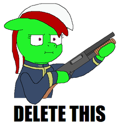 Size: 400x400 | Tagged: safe, artist:busterbuizel, derpibooru import, oc, oc:wandering sunrise, earth pony, fallout equestria, fallout equestria: dead tree, :i, eyestrain warning, fallout, gun, i mean i see, meme, shotgun, weapon