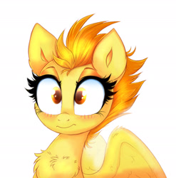 Size: 2305x2329 | Tagged: safe, artist:confetticakez, derpibooru import, spitfire, pegasus, blushing, chest fluff, embarrassed, female, mare, simple background, solo, white background