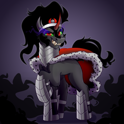 Size: 4000x4000 | Tagged: safe, artist:witchtaunter, derpibooru import, king sombra, pony, unicorn, absurd resolution, armor, cape, clothes, commission, commissioner:reversalmushroom, fangs, gradient background, raised leg, smiling, solo, sombra eyes