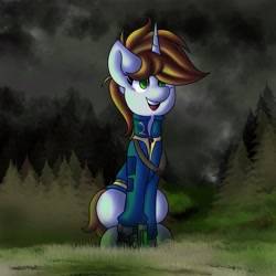 Size: 4096x4096 | Tagged: safe, artist:kranonetwork, derpibooru import, oc, oc:littlepip, pony, unicorn, fallout equestria, background, clothes, cloud, cute, field, fog, forrest, sitting, solo, stable 2, stable-tec, vault suit