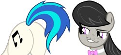 Size: 1520x700 | Tagged: safe, artist:rozyfly10, derpibooru import, dj pon-3, octavia melody, vinyl scratch, earth pony, pony, unicorn, ass, butt, cutie mark, dat butt, eyes on the prize, faic, female, grin, lesbian, looking at her butt, mare, meme, music, plot, scratchtavia, shipping, simple background, smug, tail, transparent background, vector, vinyl ass