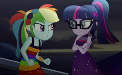 Size: 2600x1600 | Tagged: safe, artist:artmlpk, derpibooru import, rainbow dash, sci-twi, twilight sparkle, better together, equestria girls, my little pony: the movie, spring breakdown, spoiler:eqg specials, argument, beautiful, clothes, crossed arms, digital art, dress, headband, looking at each other, ocean, sleeveless, storm, style emulation, watermark