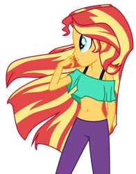 Size: 1024x1304 | Tagged: safe, artist:danmakuman, artist:emeraldblast63, derpibooru import, sunset shimmer, equestria girls, belly button, breasts, cleavage, clothes, cute, female, midriff, profile, shimmerbetes, short shirt, simple background, solo, strap, transparent background, wind, windswept hair