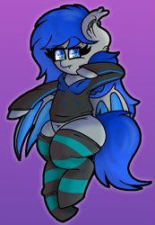 Size: 815x1180 | Tagged: safe, artist:retro_hearts, derpibooru import, oc, oc only, oc:aquamarine midnights, bat pony, pony, bat wings, clothes, female, gradient background, hoodie, looking at you, mare, socks, solo, striped socks