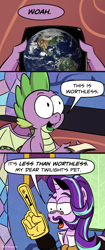 Size: 923x2190 | Tagged: safe, artist:pony-berserker edits, spike, starlight glimmer, dragon, pony, unicorn, comic, duo, earth, exploitable meme, facial hair, female, foam finger, glasses, gravity falls, male, misanthropy, nihilism, ow the edge, planet, silly, this is worthless