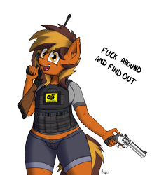 Size: 1300x1500 | Tagged: safe, artist:ponynamedmixtape, artist:themixtapehorse, oc, oc only, oc:cassette, anthro, earth pony, anthro oc, armor, bulletproof vest, clothes, dialogue, earth pony oc, female, gadsden flag, gun, h&k g3, handgun, heckler and koch, looking at you, mare, midriff, open mouth, open smile, plate carrier, revolver, rifle, shorts, smiling, smiling at you, solo, transparent background, trigger discipline, vulgar, weapon