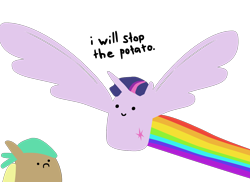 Size: 1528x1111 | Tagged: safe, artist:softlava, twilight sparkle, twilight sparkle (alicorn), oc, oc:tater trot, alicorn, :), :c, bandana, blob ponies, dialogue, duo, duo female, female, flying, frown, horn, potato pony, rainbow, simple background, smiling, style emulation, this will end in tears and/or death, transparent background, wings