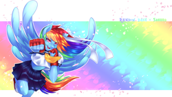 Size: 5760x3240 | Tagged: safe, artist:piiunivers, rainbow dash, anthro, pegasus, pony, 4k wallpaper, absurd resolution, clothes, crossover, female, fingerless gloves, gloves, looking at you, open mouth, skirt, street fighter, video game crossover, wallpaper