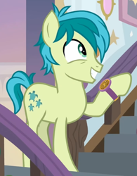 Size: 572x733 | Tagged: safe, derpibooru import, screencap, sandbar, earth pony, a matter of principals, bracelet, cropped, excited, jewelry, pointing, raised hoof, smiling, solo, stairs