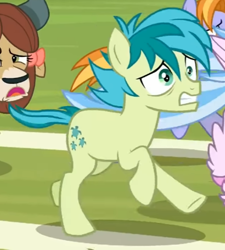 Size: 454x504 | Tagged: safe, derpibooru import, screencap, sandbar, silverstream, yona, earth pony, pony, a matter of principals, background pony, cropped, running, scared, solo focus, windswept mane