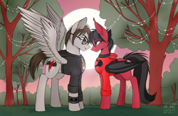 Size: 2404x1576 | Tagged: safe, alternate version, artist:das_leben, derpibooru import, bat pony, pegasus, pony, bat wings, clandestine industries, clothes, commission, ear fluff, emo, fall out boy, fangs, folded wings, gay, glasses, grass, hoodie, looking at each other, male, mikey way, my chemical romance, pete wentz, ponified, shipping, slit eyes, spread wings, stallion, standing, tree, wings, wristband, ych result