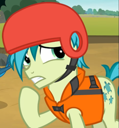 Size: 657x709 | Tagged: safe, derpibooru import, screencap, sandbar, earth pony, non-compete clause, concerned, cropped, helmet, lifejacket, raised hoof