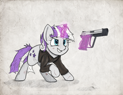 Size: 3300x2550 | Tagged: safe, artist:cyonixcymatro, artist:seriff-pilcrow, derpibooru import, twilight velvet, pony, unicorn, series:daring did tales of an adventurer's companion, clothes, colored sketch, fanfic art, gun, handgun, jacket, leather jacket, levitation, magic, mama bear, pistol, scar, smiling, solo, telekinesis, usp, usp match, weapon