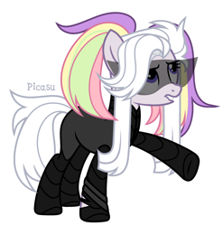 Size: 1828x1852 | Tagged: safe, artist:picasu, derpibooru import, oc, oc only, oc:techno dancer, earth pony, pony, armor, bodysuit, boots, clothes, cyber-questria, female, glasses, lip bite, mare, multicolored hair, rainbow hair, raised hoof, shoes, simple background, solo, spy, spy suit, sunglasses, white background