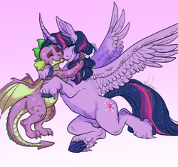 Size: 1600x1500 | Tagged: safe, artist:snowberry, derpibooru import, spike, twilight sparkle, twilight sparkle (alicorn), alicorn, dragon, pony, claws, cute, duo, eyes closed, female, gradient background, hug, male, mare, sketch, sparkles, unshorn fetlocks, winged spike