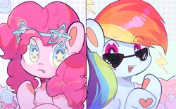 Size: 3162x1976 | Tagged: artist needed, safe, derpibooru import, pinkie pie, rainbow dash, earth pony, pegasus, pony, :p, chest fluff, cute, duo, ear fluff, open mouth, starry eyes, sunglasses, tongue out, wingding eyes