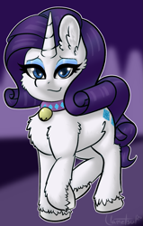 Size: 791x1244 | Tagged: safe, artist:llametsul, derpibooru import, rarity, pony, unicorn, bell, bell collar, cat bell, collar, ear fluff, eyeshadow, female, fluffy, looking at you, makeup, mare, signature, simple background, smiling, smiling at you, solo, unshorn fetlocks