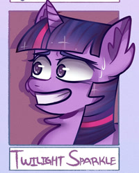 Size: 944x1180 | Tagged: safe, alternate version, derpibooru import, twilight sparkle, unicorn twilight, unicorn, bust, cropped, ear fluff, female, grin, mare, smiling, solo, sweat