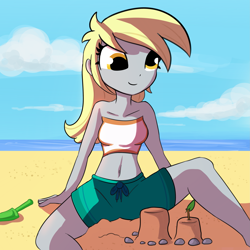 Size: 3375x3375 | Tagged: safe, artist:tjpones, derpibooru import, derpy hooves, equestria girls, beach, belly button, cute, derpabetes, female, happy, midriff, sandcastle, sitting, solo, swimming trunks