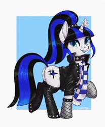 Size: 1698x2048 | Tagged: safe, artist:taytinabelle, derpibooru import, oc, oc only, oc:coldlight bluestar, pony, unicorn, black collar, blue eyes, blue eyeshadow, blue lipstick, boots, bracelet, butt, chest fluff, choker, clothes, collar, cutie mark, cutie mark accessory, cutie mark collar, dock, ear fluff, eyeshadow, female, fishnet stockings, hair tie, happy, hoof boots, jacket, jewelry, leather, leather boots, leather jacket, leather stockings, lipstick, looking at you, mare, open mouth, ponytail, popped collar, raffle prize, raised hoof, raised tail, rolled up sleeves, scarf, shoes, side view, simple background, smiling, solo, spiked collar, stockings, studded bracelet, studded choker, tail, two toned mane, two toned tail