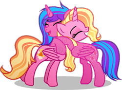 Size: 699x517 | Tagged: safe, artist:star-gaze-pony, derpibooru import, luster dawn, oc, oc:melody aurora, alicorn, alicorn oc, alicornified, base used, duo, duo female, female, horn, hug, hugging a pony, offspring, parent:flash sentry, parent:twilight sparkle, parents:flashlight, race swap, simple background, transparent background, wings