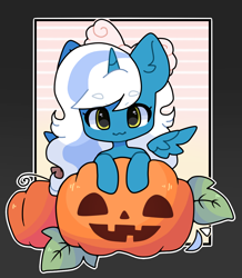 Size: 980x1125 | Tagged: safe, derpibooru import, oc, oc:fleurbelle, alicorn, :3, adorabelle, adorable face, alicorn oc, autumn, bow, chibi, cute, ear fluff, female, golden eyes, hair bow, halloween, holiday, horn, looking at you, mare, pink bow, pumpkin, pumpkin patch, seasonal, simple background, sweet, wings