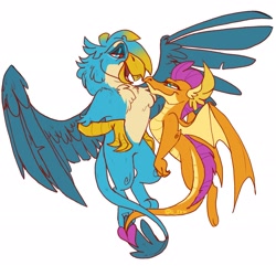 Size: 2075x2076 | Tagged: safe, artist:g-elric, derpibooru import, gallus, smolder, dragon, griffon, female, male, older, shipping, simple background, smollus, straight, white background