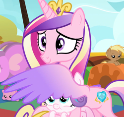 Size: 1790x1687 | Tagged: safe, derpibooru import, screencap, princess cadance, princess flurry heart, alicorn, pony, once upon a zeppelin, covering, cropped, female, filly, magic, unnamed character, unnamed pony, wing covering