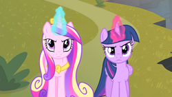 Size: 1920x1080 | Tagged: safe, derpibooru import, screencap, princess cadance, twilight sparkle, twilight sparkle (alicorn), alicorn, pony, three's a crowd, annoyed, duo, female, magic, sisters-in-law