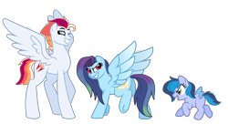 Size: 2409x1311 | Tagged: safe, artist:zafara1222, derpibooru import, oc, oc only, oc:cllud burst, oc:flare blitz, oc:whifferdill, pegasus, pony, female, filly, male, mare, offspring, parent:rainbow dash, parent:soarin', parents:soarindash, simple background, stallion, transparent background