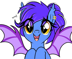 Size: 3300x2720 | Tagged: safe, artist:emberslament, derpibooru import, oc, oc only, oc:evening lily, bat, bat pony, bat pony oc, bat wings, cute, ear piercing, fangs, female, looking at you, onomatopoeia, piercing, ponytail, simple background, skree, smiling, solo, solo female, transparent background, wings