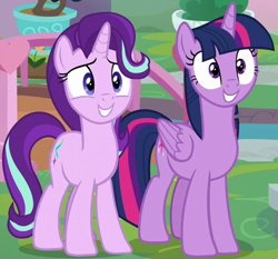 Size: 1176x1097 | Tagged: safe, derpibooru import, screencap, starlight glimmer, twilight sparkle, twilight sparkle (alicorn), alicorn, pony, unicorn, school daze, cropped, duo, female, grin, mare, nervous, nervous grin, smiling