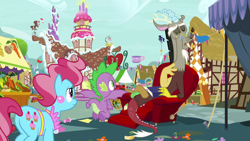 Size: 1920x1080 | Tagged: safe, derpibooru import, screencap, cup cake, discord, spike, dragon, the big mac question