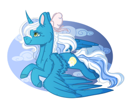 Size: 1280x1108 | Tagged: safe, artist:karperstein, derpibooru import, oc, oc only, oc:fleurbelle, alicorn, adorabelle, alicorn oc, bow, cheek fluff, chest fluff, cloud, female, flying, golden eyes, hair bow, horn, mare, simple background, smiling, solo, transparent background, wing fluff, wings