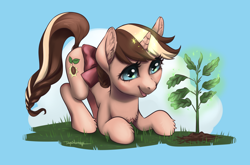 Size: 2776x1830 | Tagged: safe, artist:taytinabelle, derpibooru import, oc, oc only, oc:mocha sprout, pony, unicorn, bow, braided tail, chest fluff, cute, ear fluff, eye reflection, face down ass up, female, grass, hair bow, hair bun, happy, looking down, magic, mare, plant, raised tail, reflection, simple background, smiling, solo, tail, unshorn fetlocks