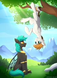 Size: 2160x2925 | Tagged: safe, artist:strafe blitz, derpibooru import, oc, oc only, oc:04, changeling, earth pony, pony, hanging by tail, tree, tree branch, upside down