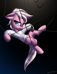 Size: 2300x3000 | Tagged: safe, artist:shido-tara, derpibooru import, oc, oc only, oc:virgo zodiac, fallout equestria, fallout equestria: project horizons, fanfic art, glasses, simple background, stuck, wires