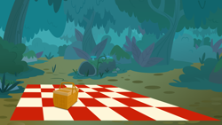 Size: 6438x3621 | Tagged: safe, artist:pumpkinpieforlife, derpibooru import, absurd resolution, background, basket, forest, no pony, outdoors, picnic basket, vector