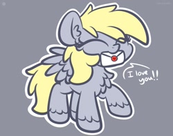 Size: 1200x945 | Tagged: safe, artist:kimjoman, derpibooru import, derpy hooves, pegasus, pony, chest fluff, chibi, cute, derpabetes, ear fluff, eyes closed, female, gray background, letter, mare, mouth hold, raised hoof, simple background, solo, unshorn fetlocks