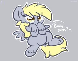 Size: 1200x945 | Tagged: safe, artist:kimjoman, derpibooru import, derpy hooves, pegasus, pony, bellyrub request, bellyrubs, bronybait, chest fluff, chibi, cute, derpabetes, ear fluff, female, gray background, mare, raised hoof, simple background, solo, unshorn fetlocks