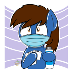 Size: 2025x2048 | Tagged: artist needed, safe, derpibooru import, oc, oc only, oc:pegasusgamer, abstract background, bust, cleaning, coronavirus, covid-19, looking at you, mask, simple background, solo, toilet paper