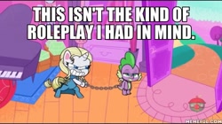 Size: 600x337 | Tagged: safe, derpibooru import, edit, edited screencap, screencap, rarity, spike, dragon, pony, unicorn, dear tabby, my little pony: pony life, spoiler:pony life s01e38, caption, image macro, text