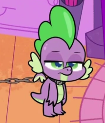 Size: 358x416 | Tagged: safe, derpibooru import, screencap, spike, dragon, dear tabby, my little pony: pony life, spoiler:pony life s01e38, chains, collar, cropped, male, solo, spike is not amused, unamused, winged spike