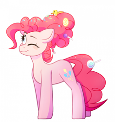 Size: 960x1015 | Tagged: safe, artist:chillax, derpibooru import, pinkie pie, earth pony, pony, the last problem, alternate hairstyle, candy, female, food, mare, older, older pinkie pie, one eye closed, rubber duck, simple background, solo, transparent background, wink