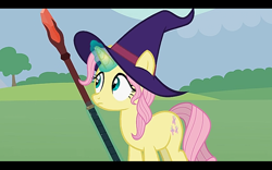 Size: 1280x800 | Tagged: safe, artist:agrol, derpibooru import, fluttershy, unicorn, bloodstone scepter, dungeons and dragons, hat, let's start the game, magic, ogres and oubliettes, pen and paper rpg, race swap, rpg, solo, staff, wizard hat, youtube link