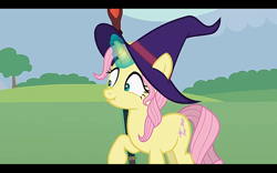 Size: 1280x800 | Tagged: safe, artist:agrol, derpibooru import, screencap, fluttershy, pony, unicorn, female, magic, race swap, solo, solo female