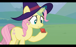 Size: 1280x800 | Tagged: safe, artist:agrol, derpibooru import, screencap, fluttershy, pegasus, pony, unicorn, female, hat, magic, solo, solo female